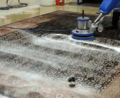 Professional rug cleaning with a rotary floor machine and shampoo foam, deep-cleaning an area rug, in Miami, FL.