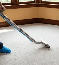 Steam carpet cleaning technician using a hot-water extraction wand on a residential carpet, wearing blue protective shoe covers Miami, FL.